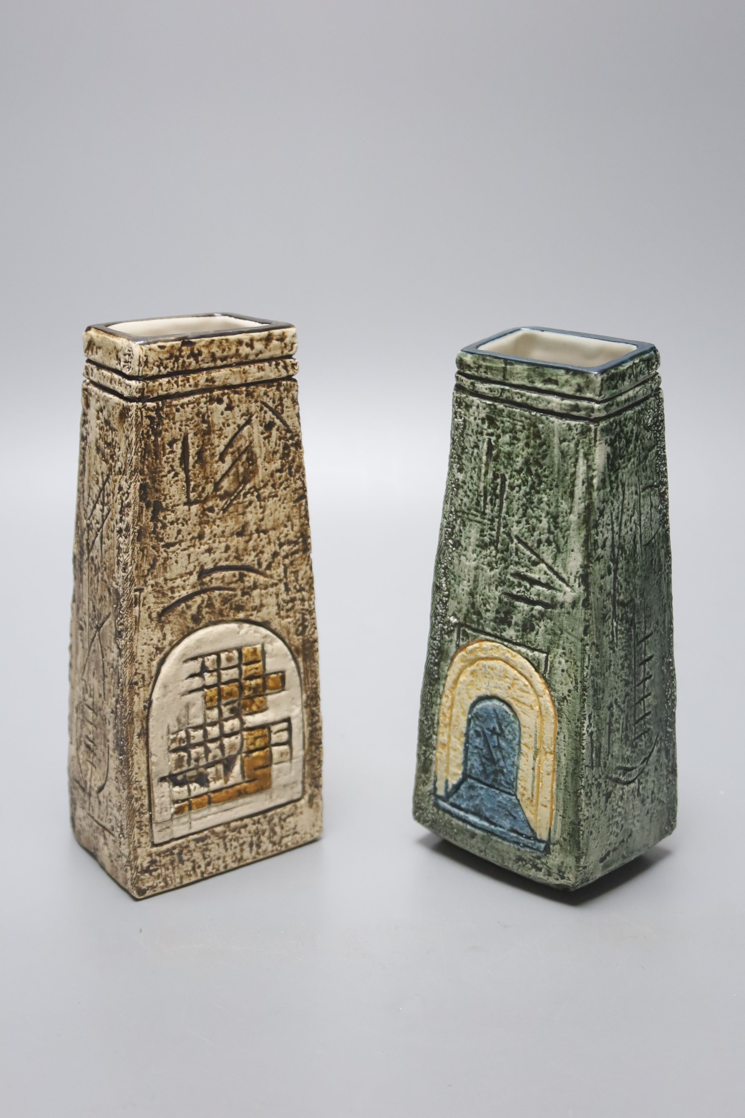 A Troika coffin vase and another similar, tallest 18cm